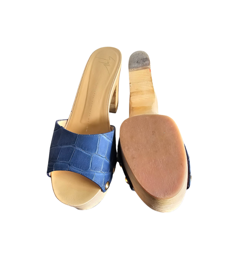Giuseppe Zanotti Blue Croc-Embossed Wooden Platform Mules - 34563