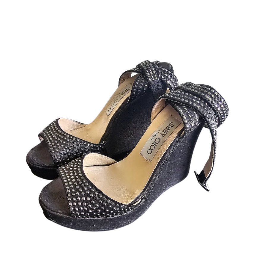 Jimmy Choo Black Studded Suede Wedge Sandals - 34564