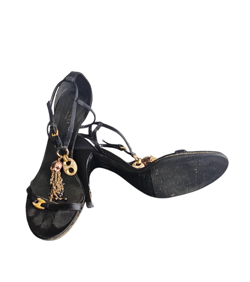 Gucci Black Satin Tassel Sandals - 2364