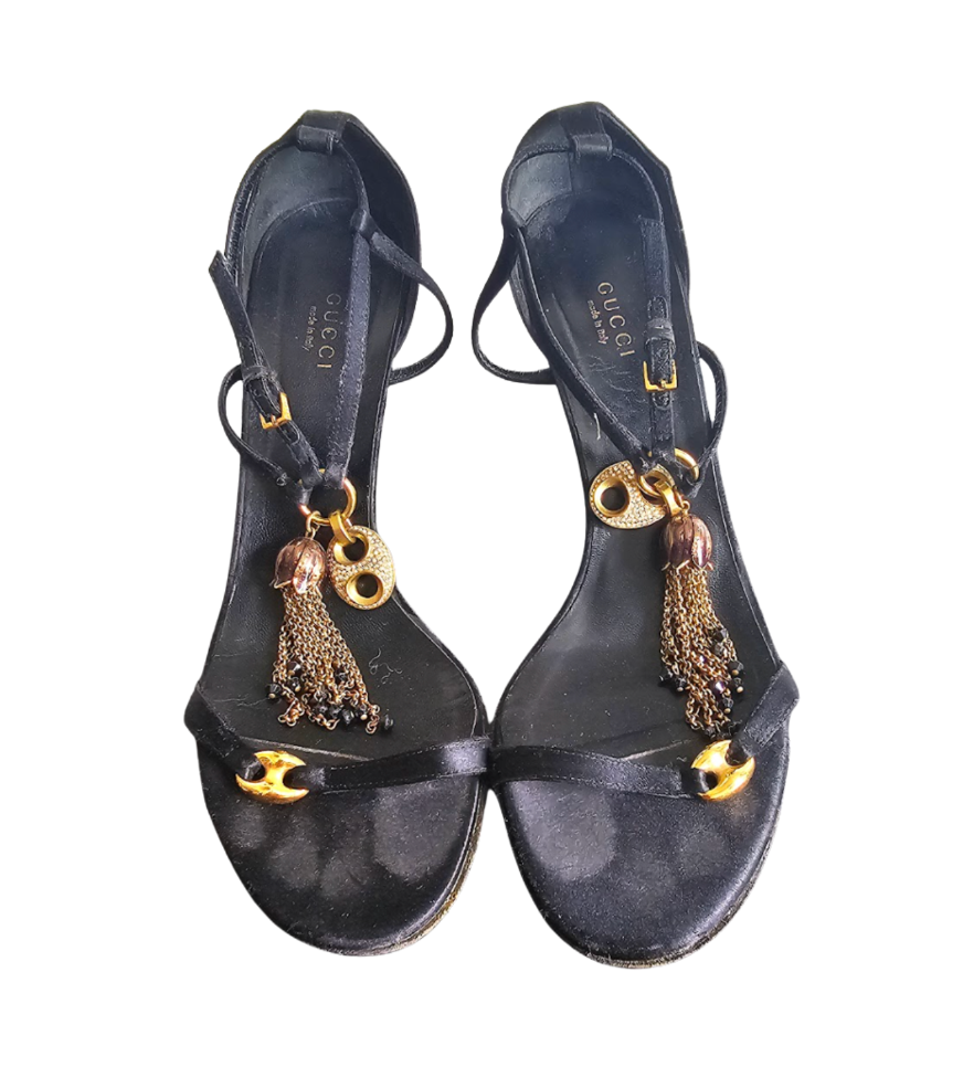 Gucci Black Satin Tassel Sandals - 2364