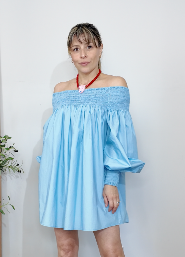 Off-the-Shoulder Smocked Mini Dress - 34240