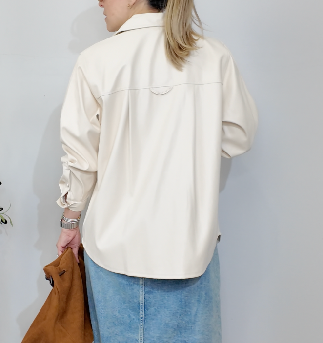 Faux Leather Button-Down Shacket - 34007