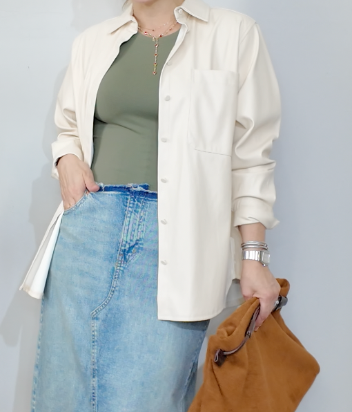 Faux Leather Button-Down Shacket - 34007