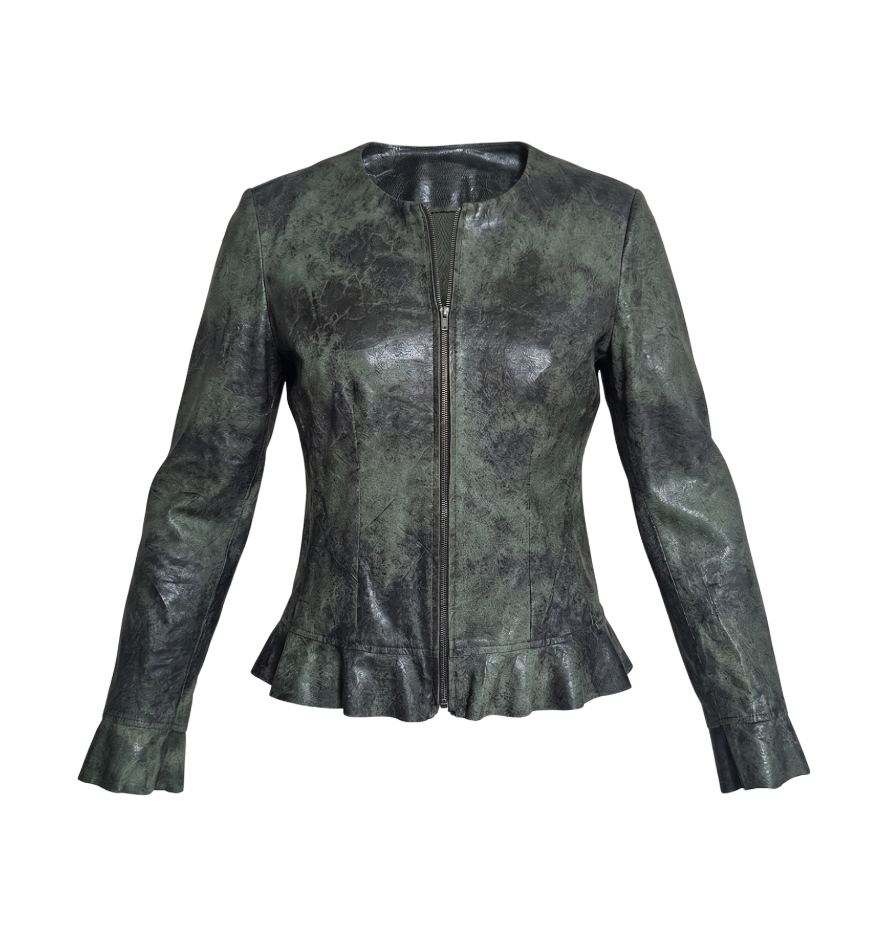 Vintage-Effect Distressed Leather Peplum Jacket - 31779