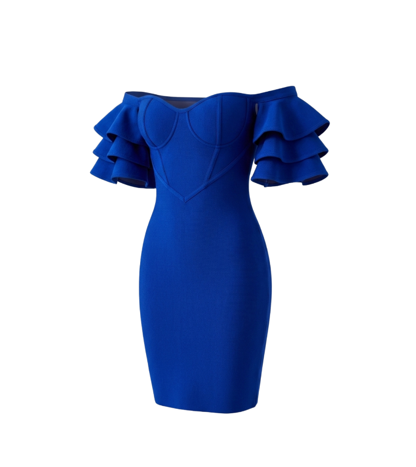Royal Blue Ruffled Off-the-Shoulder Bodycon Dress - 21795