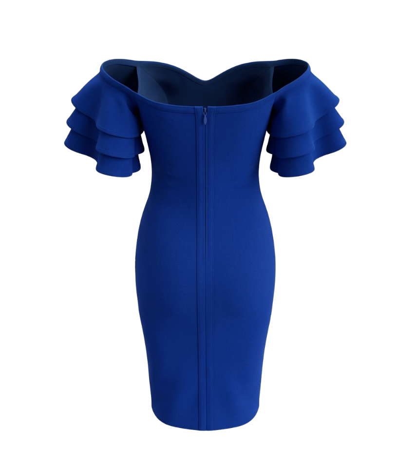 Royal Blue Ruffled Off-the-Shoulder Bodycon Dress - 21795