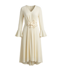 Elegant Pastel Yellow Midi Dress with Waist Floral Detail - 26875