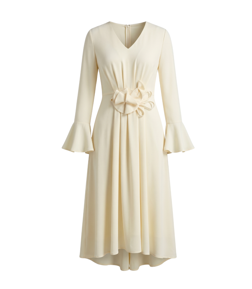 Elegant Pastel Yellow Midi Dress with Waist Floral Detail - 26875