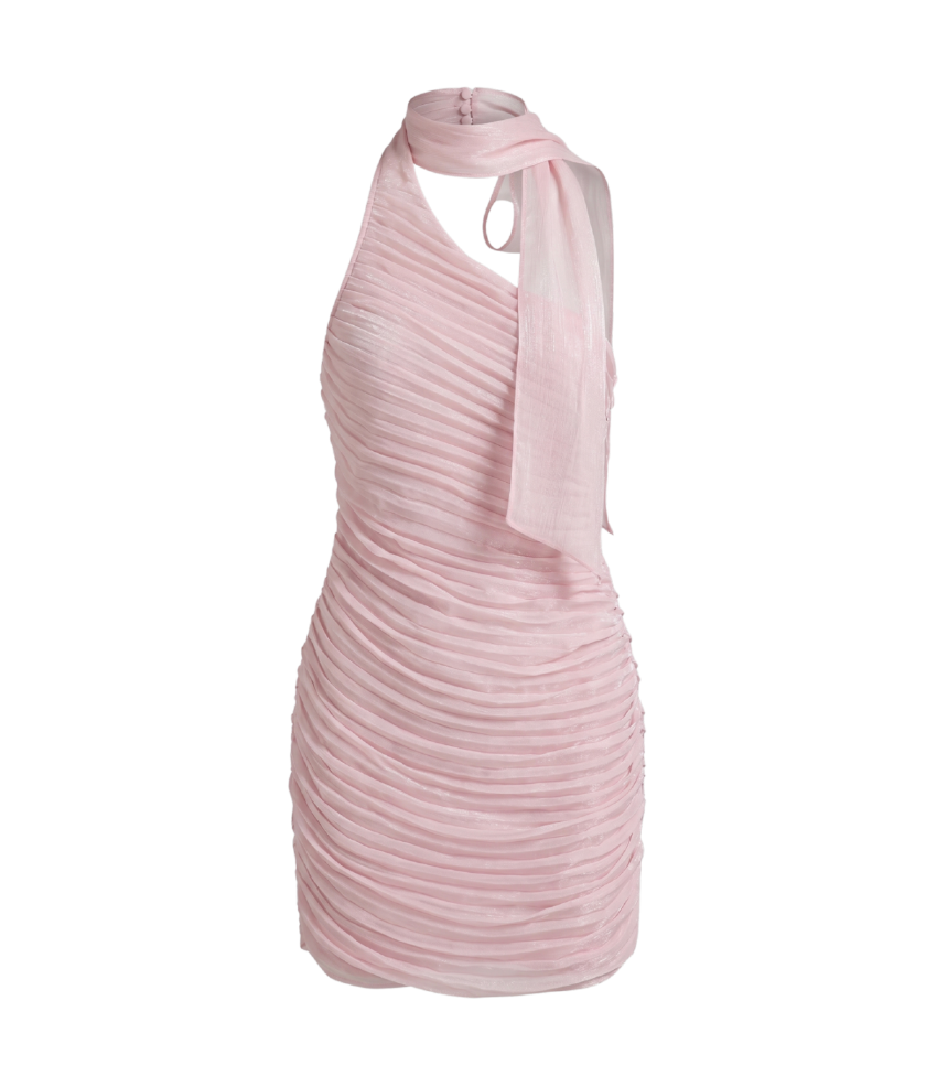 Shimmering Pink Ruched Mini Dress with Halter Bow Neck - 28285