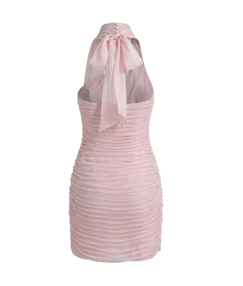 Shimmering Pink Ruched Mini Dress with Halter Bow Neck - 28285
