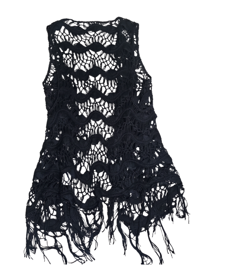Bohemian Black Crochet Fringe Vest - 14383