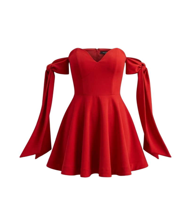 Dramatic Red Off-Shoulder Tie-Sleeve Mini Dress - 14562
