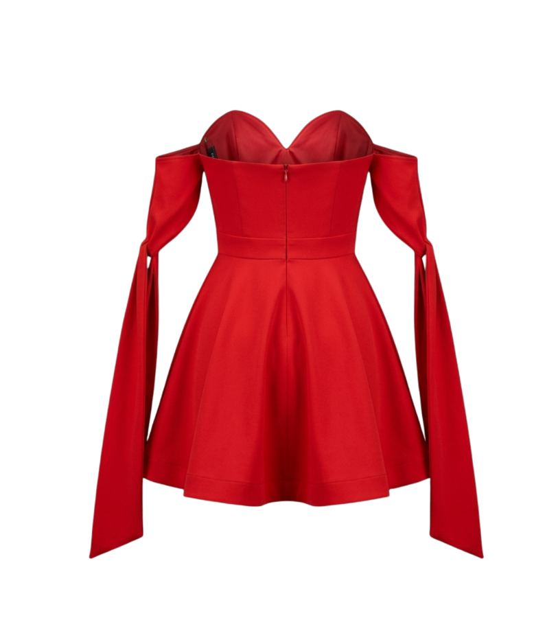 Dramatic Red Off-Shoulder Tie-Sleeve Mini Dress - 14562