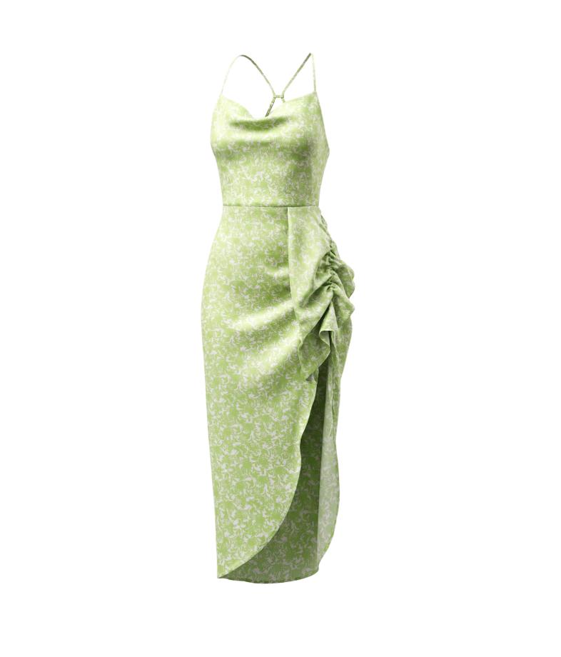 Green Floral Halter Maxi Dress with Side Ruched Detail - 18597