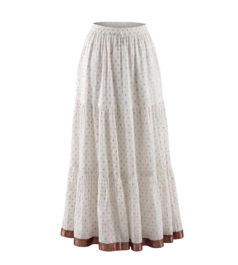 White Tiered Maxi Skirt with Gold Polka Dots and Maroon Border - 18298
