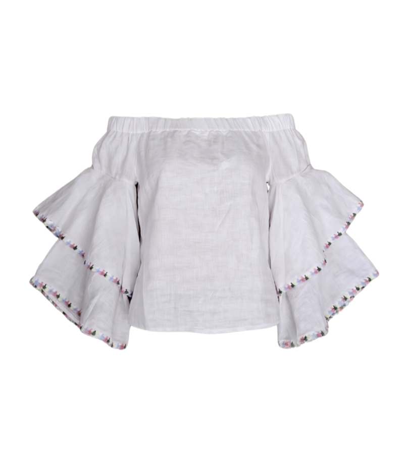 White Linen Off-the-Shoulder Top with Embroidered Tiered Sleeves - 22341