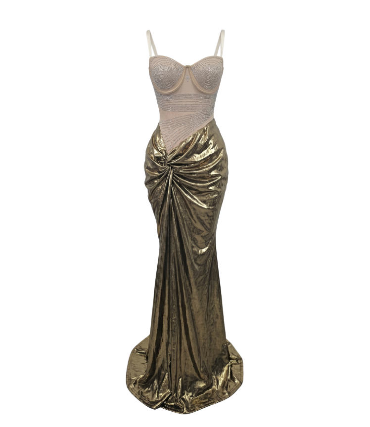 Dazzling Gold Metallic Gown with Rhinestone Bodice - 23123