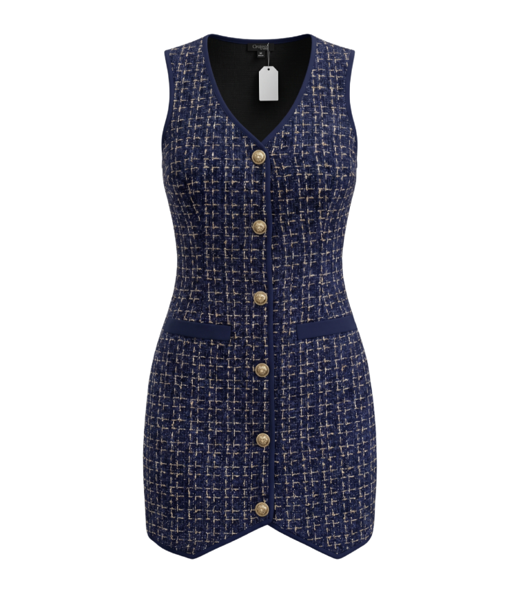 Navy Bouclé Tweed Vest Dress - 31630