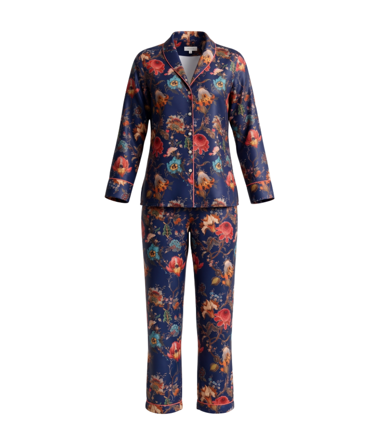 Floral Silk Pajama Set in Midnight Blue - 30707