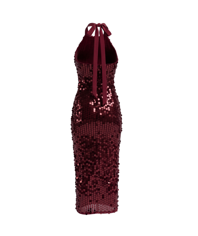 Elegant Burgundy Halter Sequin Midi Dress - 32510