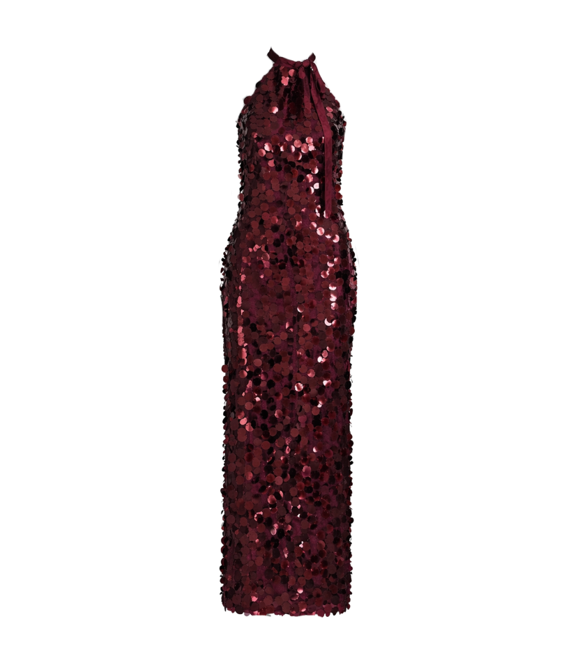 Elegant Burgundy Halter Sequin Midi Dress - 32510