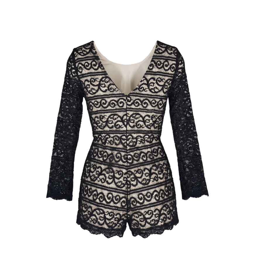 Elegant Long-Sleeved Black Lace Romper - 30182