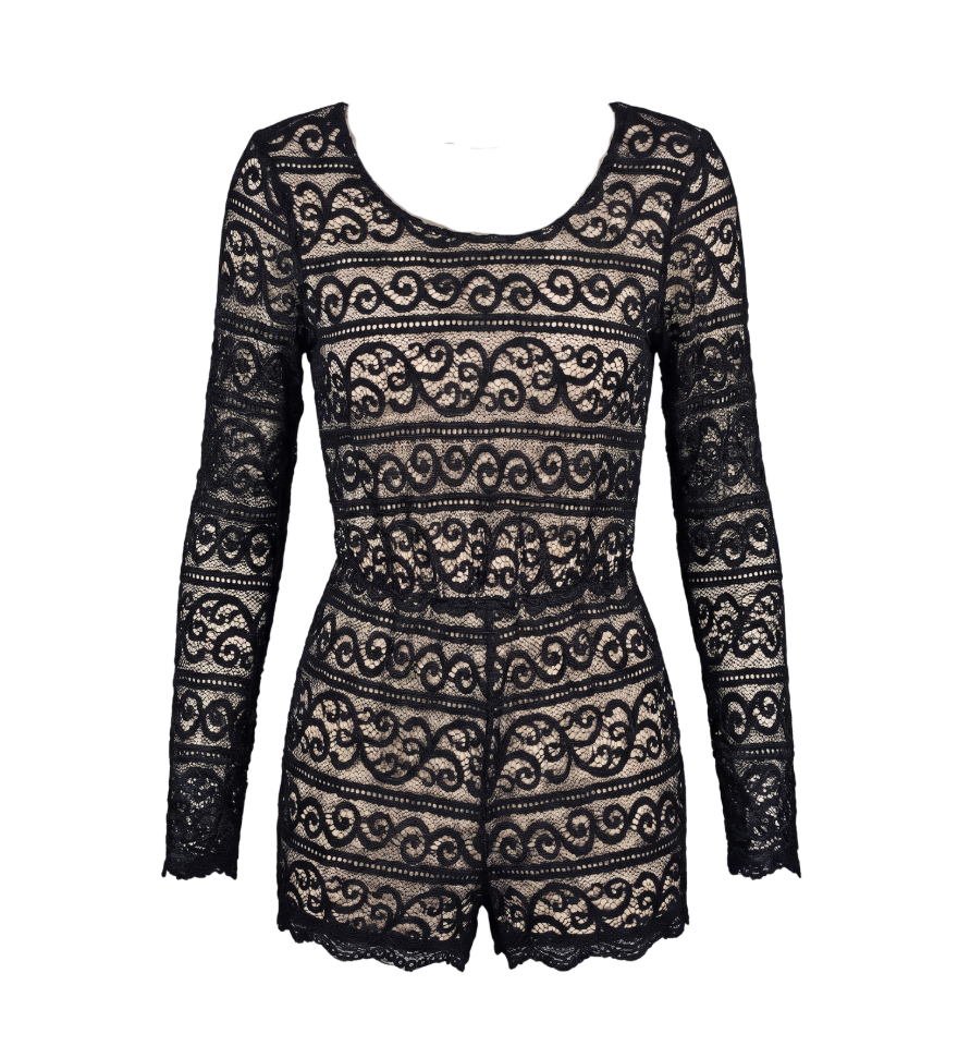 Elegant Long-Sleeved Black Lace Romper - 30182