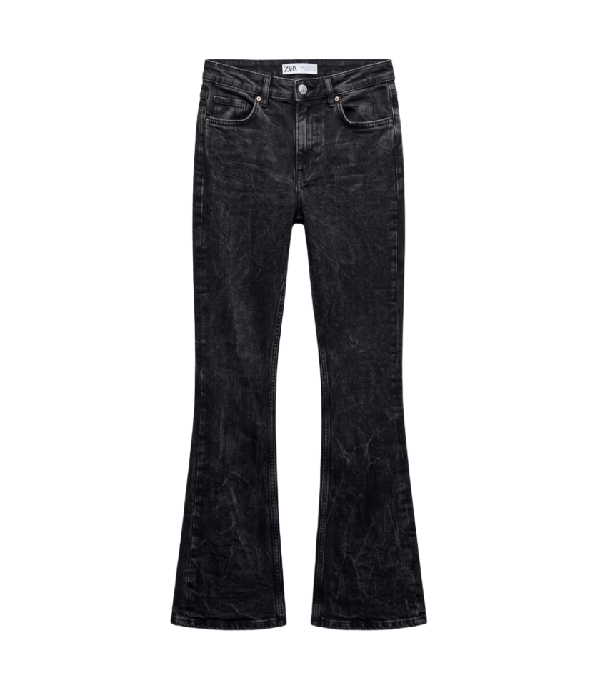Zara Distressed Black Denim Flare Jeans - 25775
