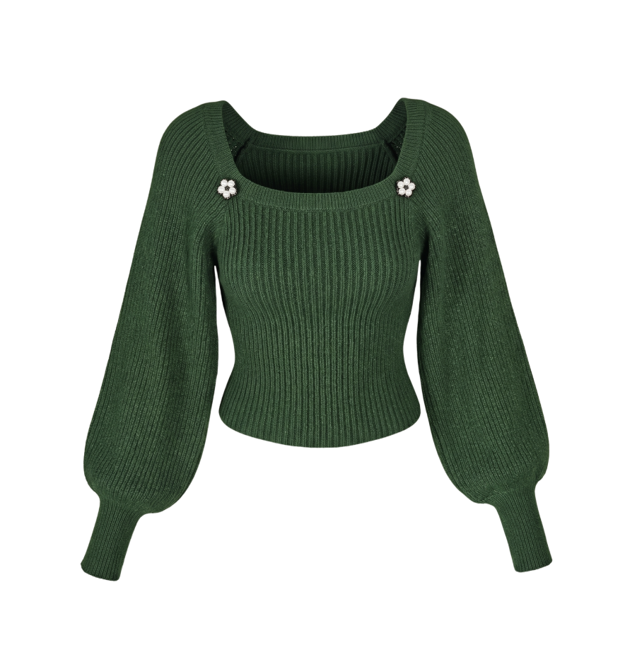 Emerald Ribbed Knit Sweater with Jewel Buttons - 33959