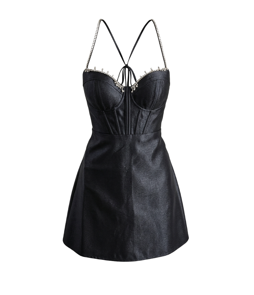 Black Rhinestone Strap Corset Mini Dress - 28255