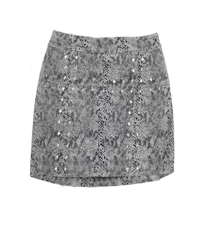 Snakeskin Print Mini Skirt with Stud Details - 34022