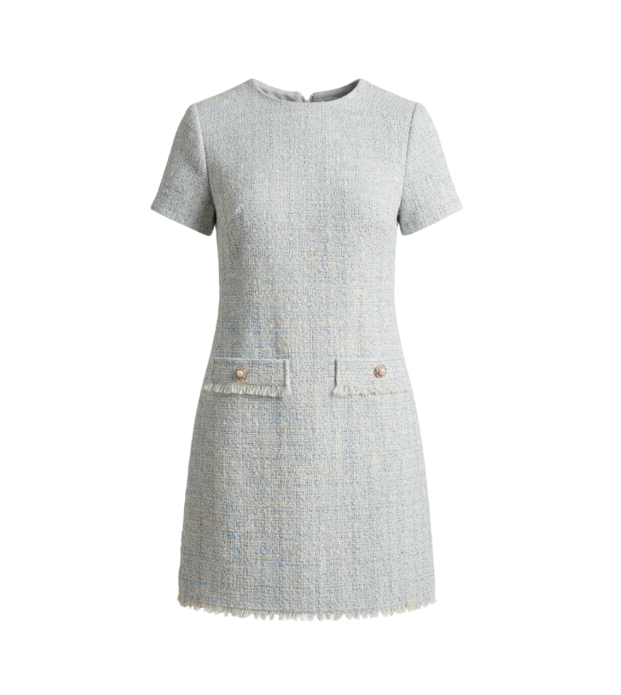 Vintage-Style Light Blue Tweed Shift Dress with Pockets - 32872