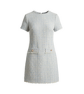 Vintage-Style Light Blue Tweed Shift Dress with Pockets - 32872