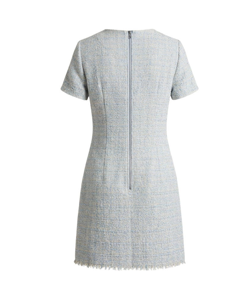 Vintage-Style Light Blue Tweed Shift Dress with Pockets - 32872