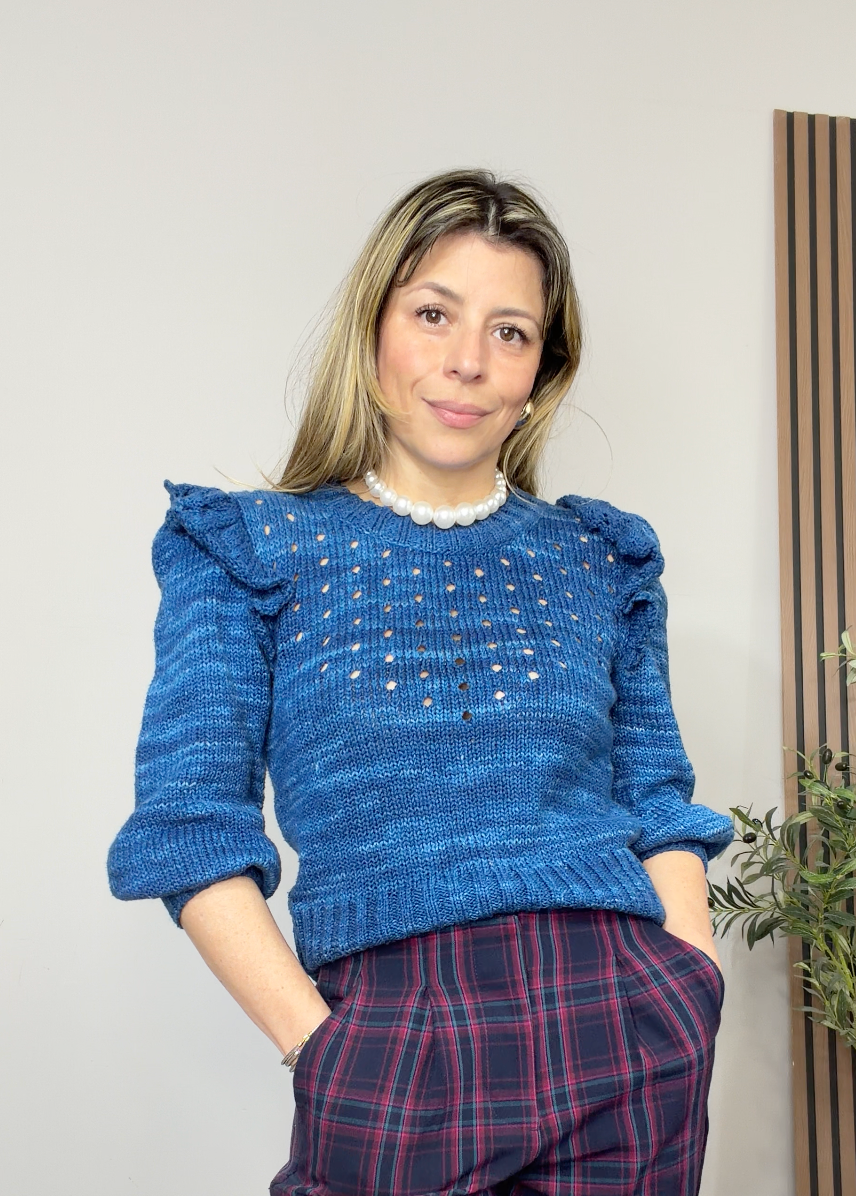 St. Roche Ruffled Pointelle Blue Knit Sweater - 34371