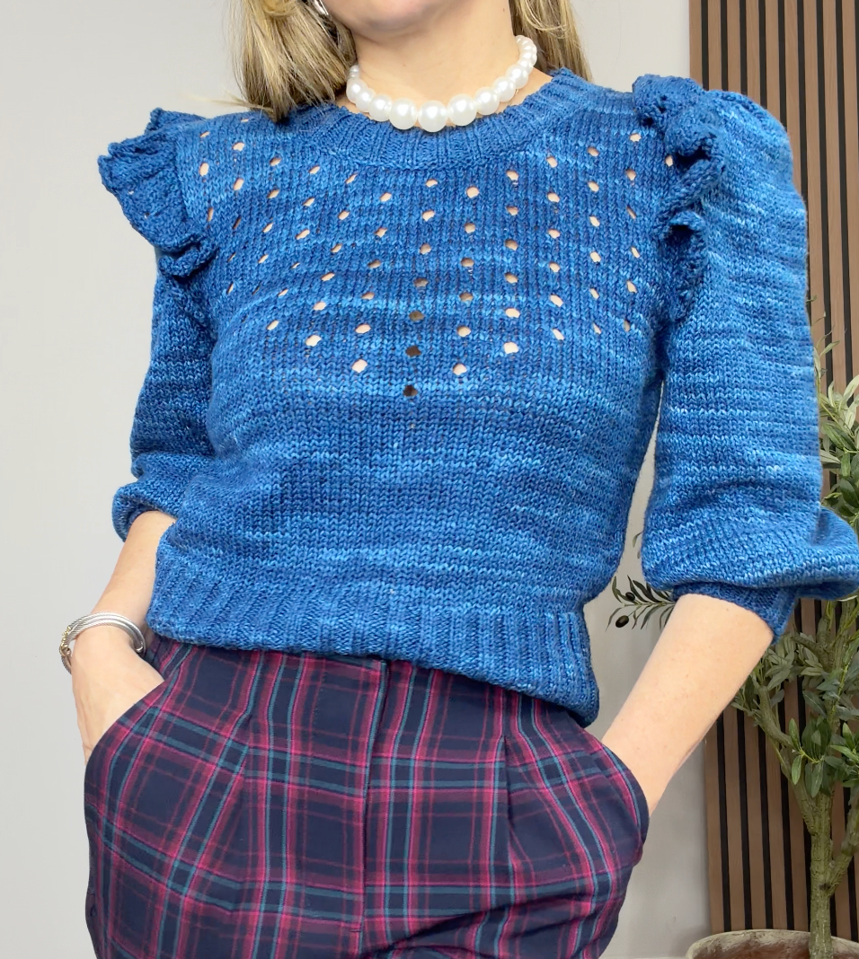 St. Roche Ruffled Pointelle Blue Knit Sweater - 34371