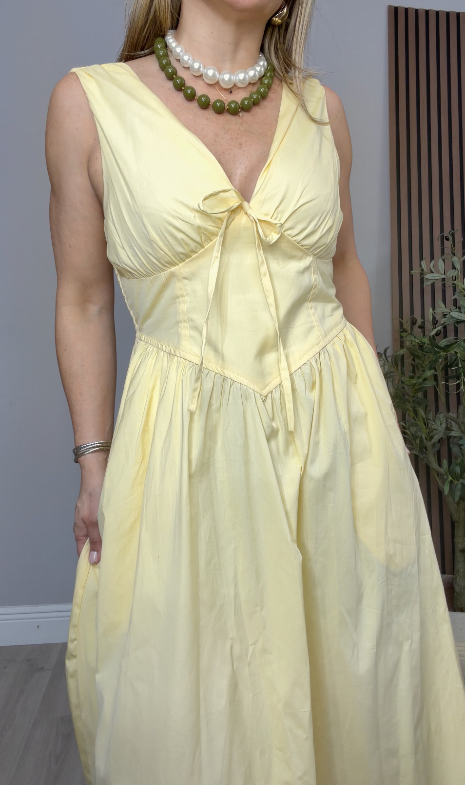 Corset-Waist Sleeveless Yellow Maxi Dress - 34461