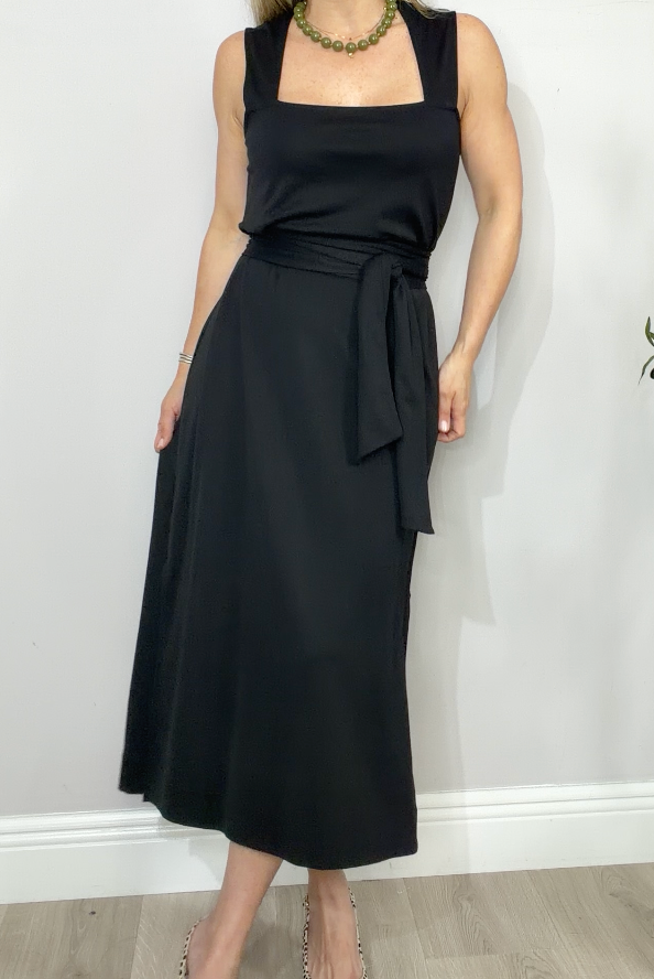 Square-Neck Tie-Waist Midi Dress - 34409