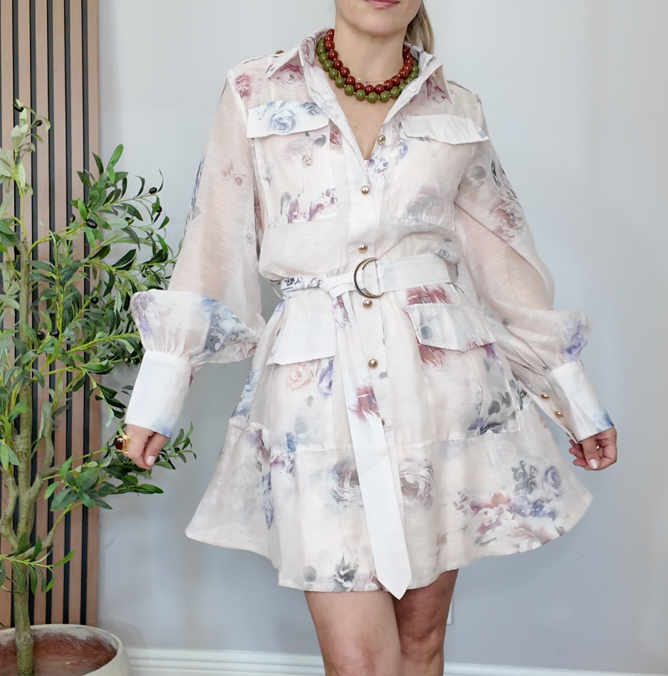 Soft Whisper Floral Belted Mini Dress - 32333