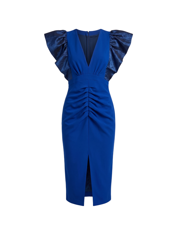 Elegant Royal Blue Ruched Midi Dress - 23462