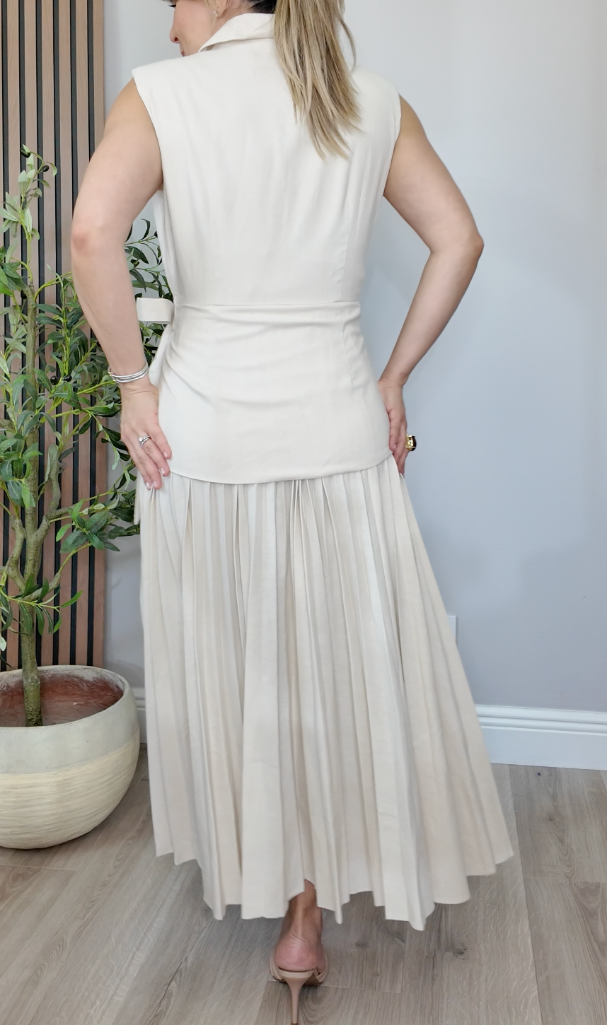 Tailored Cream Wrap Vest & Pleated Midi Dress - 30026