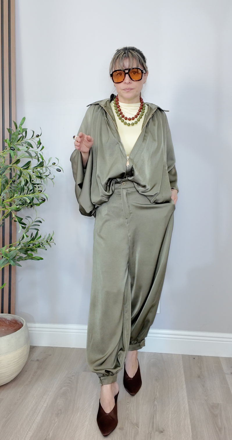 Luxe Satin Olive Bomber &amp; Jogger Ensemble -  31113 - 31114