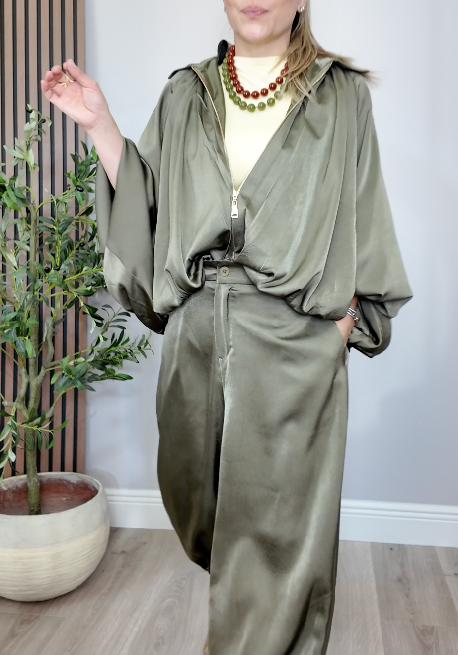 Luxe Satin Olive Bomber &amp; Jogger Ensemble -  31113 - 31114