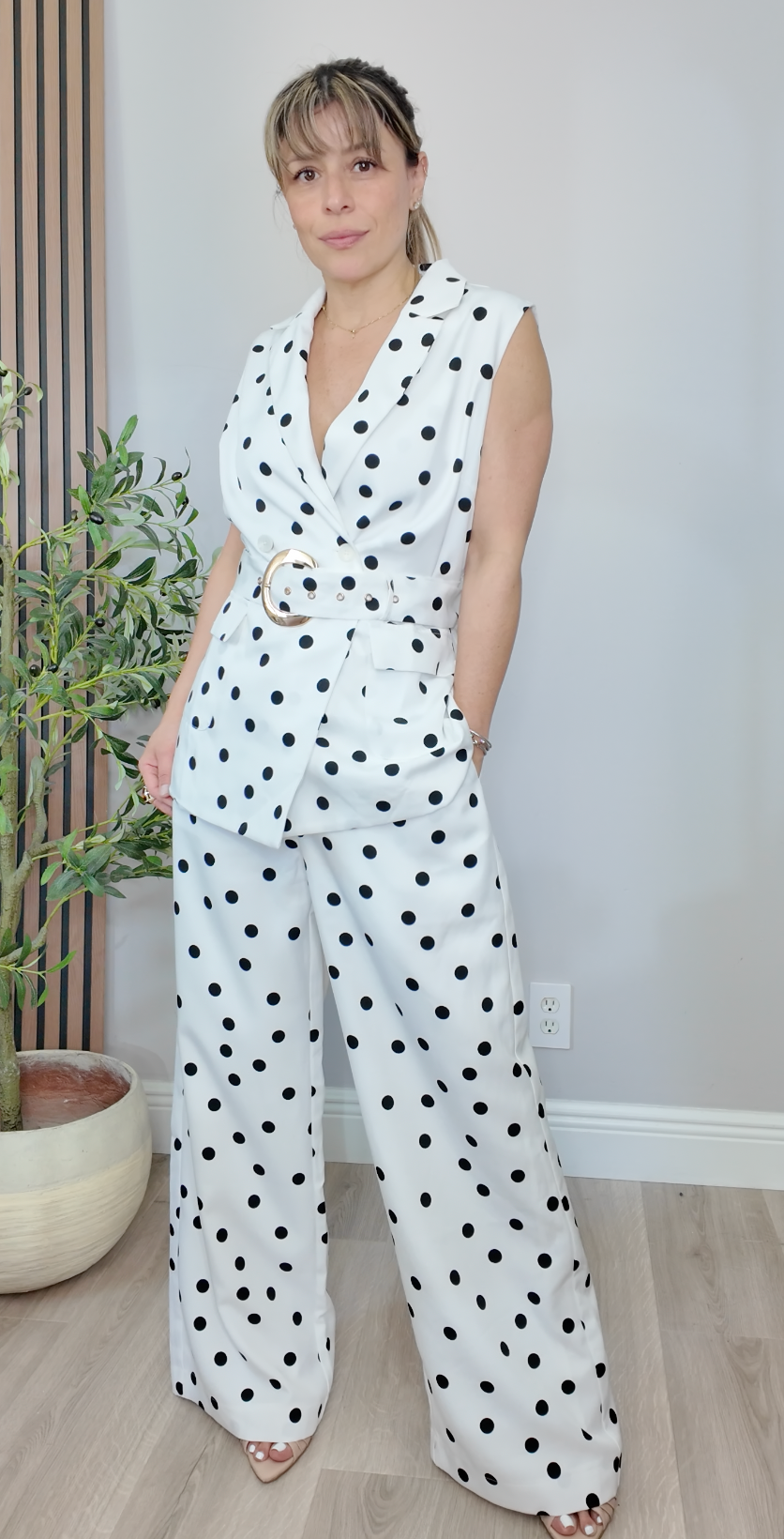 Monochrome Polka Dot Tailored Vest &  Wide-Leg Trouser Set - 32169