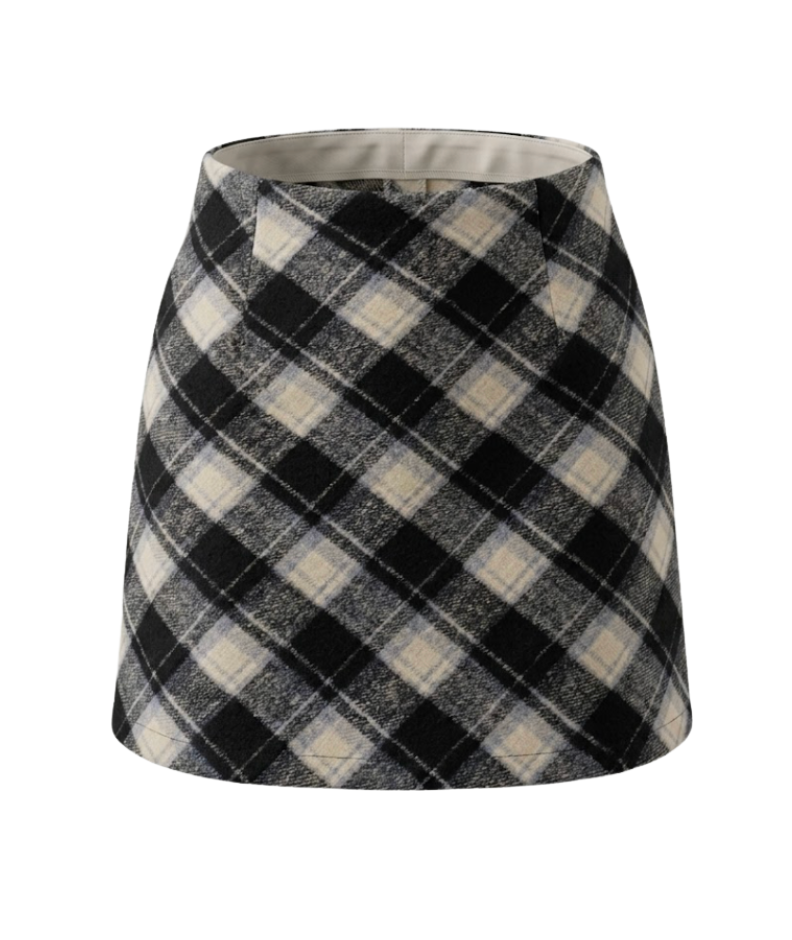 Black and Cream Plaid Wool-Blend Mini Skirt - 25044