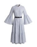 Elegant Blue and White Striped Tiered Midi Dress  5562