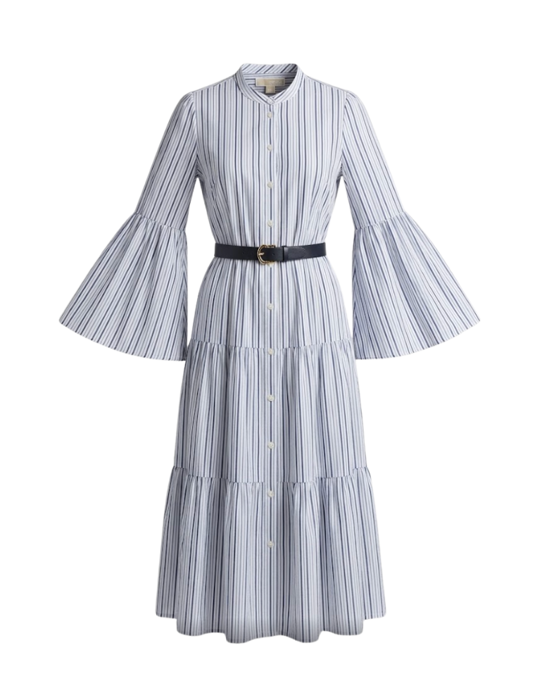 Elegant Blue and White Striped Tiered Midi Dress  5562