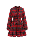 Red Plaid Tie-Neck Mini Dress - 25072