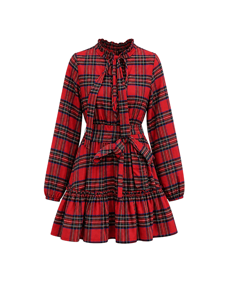 Red Plaid Tie-Neck Mini Dress - 25072