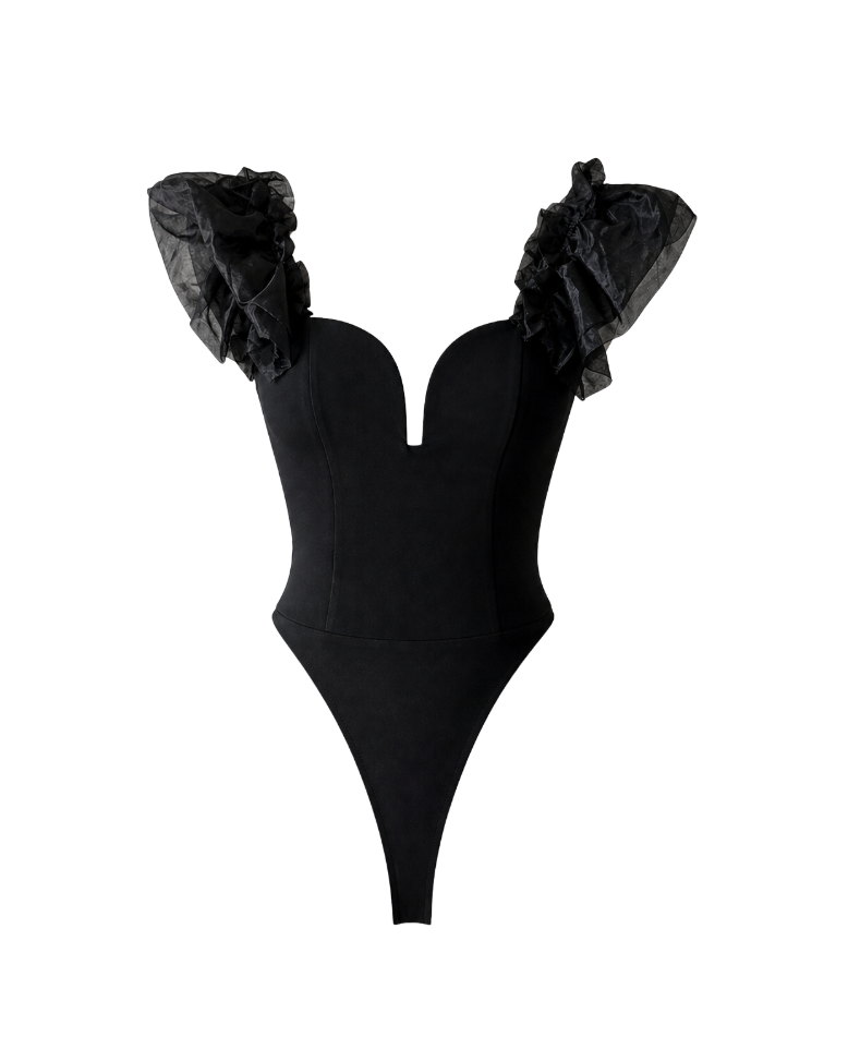 Black Ruffle Strap Bodysuit - 26430